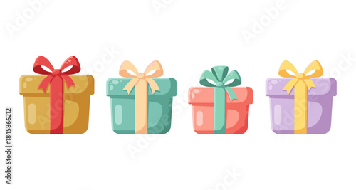 Collection of four colorful gift boxes with ribbons and bows on a white background