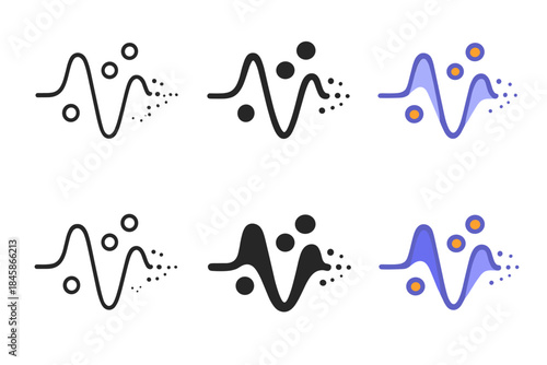 Quantum Waveform Variations. Disrupted quantum waveform with scattered nodes and fading edges, simple minimal vector icon, first