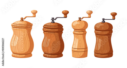 Collection of four wooden pepper and salt grinders with metal crank handles