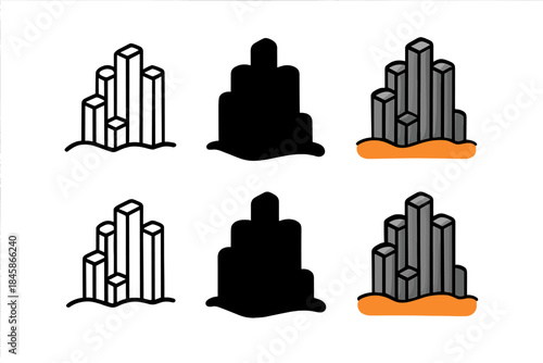 Basalt Cliff Styles. Basalt cliff with vertical polygonal columns extending upward, clean geometric minimal icon, first in line