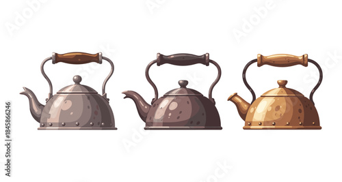 Three vintage kettles with wooden handles displayed side by side on a white background