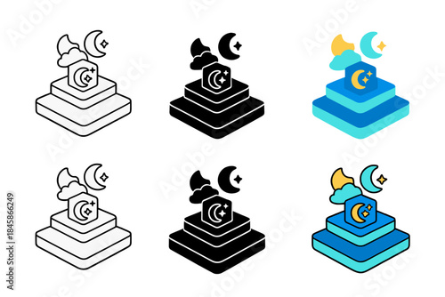 Recursive Dreamscape Icons. Nested floating platforms and surreal objects forming recursive dreamscape, clean minimal vector icon,