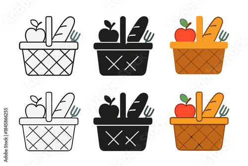 Picnic Basket Icons. Picnic basket with fruit, bread, and utensils spilling slightly over edge, clean geometric minimal icon,
