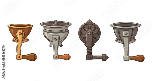 Collection of vintage manual coffee grinders with wooden handles and metal parts