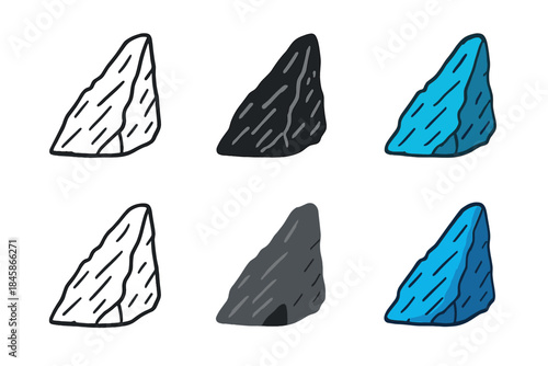 Metallic Meteorite Icons. Small shard of metallic meteorite with rough, textured surface, simple minimal vector icon, first in