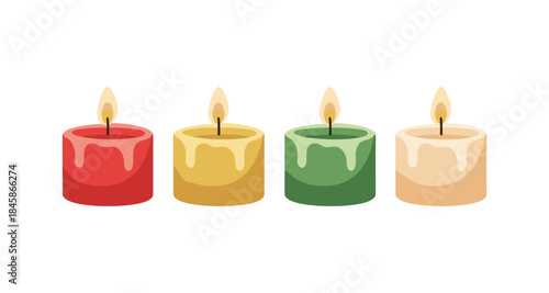 Four colorful burning candles with dripping wax in a row on white background