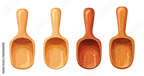 Four wooden scoops with different wood grains and colors on a white background