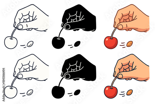 Cherry Pit Launch. Close-up of hand holding cherry stem preparing to launch pit, balance of anticipation and motion, first in line