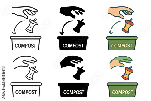 Apple Core Composting. Hand tossing apple core into compost container, curved motion path symbolizing cycle of life and decay,
