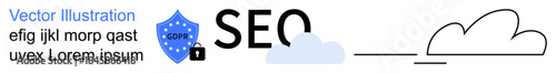 SEO strategies, data protection, digital security, cloud computing, web optimization, online business. Shield with lock, SEO typography and cloud shapes. SEO strategies and data protection concept