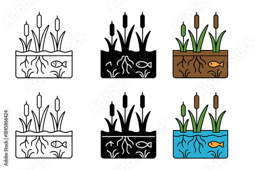 Wetland Ecosystem Illustration. Simplified cross-section of wetland ecosystem showing cattails, roots, and aquatic habitat layers,