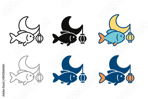 Moonlit Fish Design. Fish carrying a small paper lantern shaped like a crescent moon, elegant minimal vector design, first in line