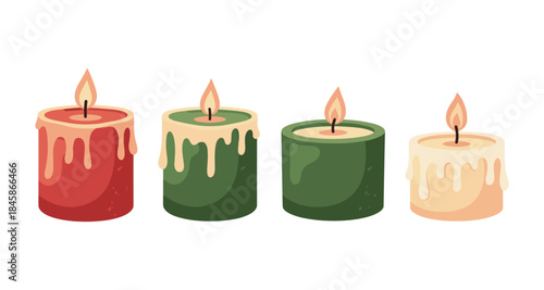 Four colorful candles with melting wax and burning flames on a white background