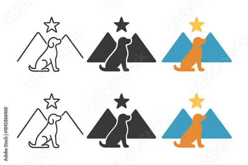 Starry Mountain Silhouette. Star positioned between two mountain peaks with a dog silhouette in front, smooth modern vector