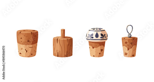 Collection of four unique wine stoppers and bottle closures on a white background