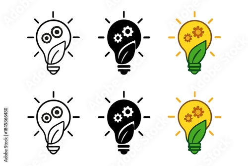 Eco-Inspired Lightbulb Design. Leaf forming the base of a glowing lightbulb with small internal gear details, elegant minimal
