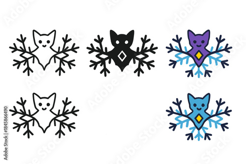 Snowflake Winged Bat Icon. Bat with wings shaped like snowflakes and a small gem at the center, minimalist vector icon set, first