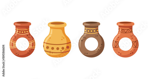 Collection of four decorative clay pots with unique patterns and earthy tones