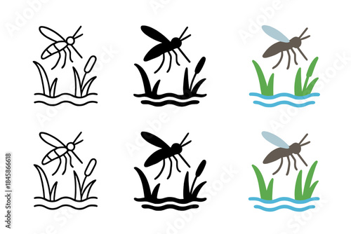 Mosquito Swamp Icon. Mosquito Swamp Needle, atmospheric wetland icon showing a mosquito above reeds and water reflections, first