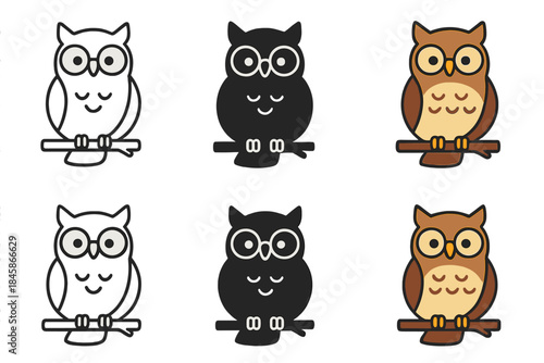 Wise Owl Spectacles. Owl Branch Spectacles, wise nocturnal icon showing an owl perched on a branch wearing round spectacles, first
