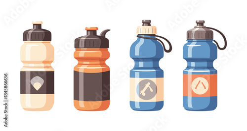 Collection of four colorful sports water bottles with different designs and lids