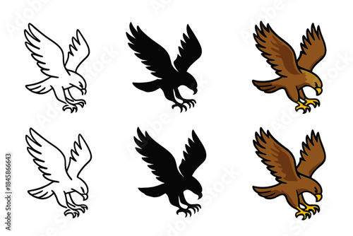 Diving Hawk Art Styles. Hawk Prey Talon, powerful sky icon showing a hawk diving with outstretched talons toward its target, first