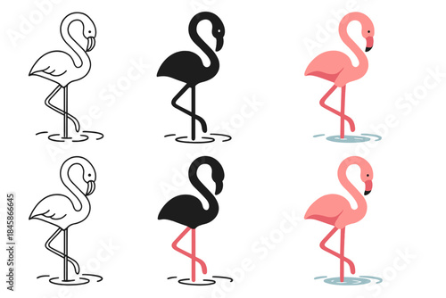 Stylized Flamingo Leg Designs. Flamingo Lake Leg, stylized composition with curved neck, long leg, and soft ripple patterns, first
