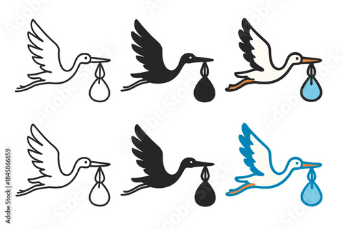 Stylized Stork Delivery. Stork Bundle Delivery, stylized design featuring long wings, curved neck, and softly suspended package,