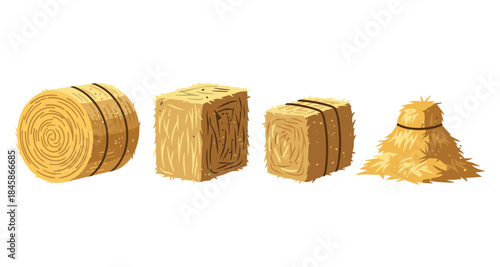 Collection of four different hay bale shapes and sizes on a white background