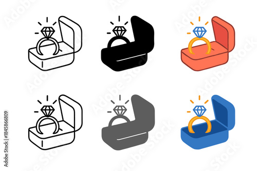 Radiant Engagement Ring. Engagement ring emerging from open box with soft shine aura, gentle promise theme, first in line style