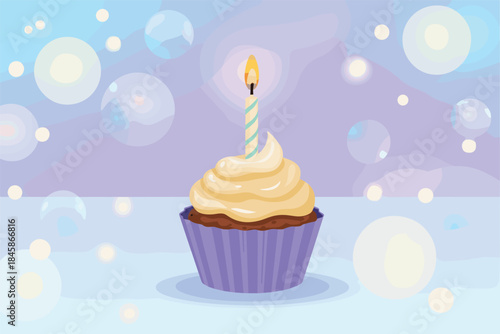 Birthday Cupcake with Candle and Bubbles