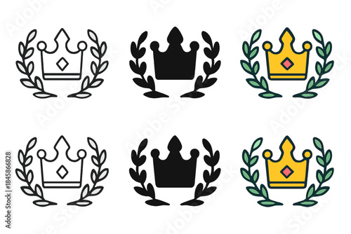 Regal Crown Designs. Crown combined with gemstone and laurel branches, symbol of noble authority, first in line style with thin