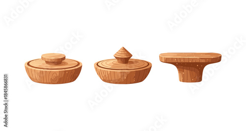 Collection of three cartoon wooden knobs and lids with wood grain texture