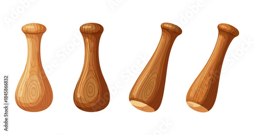 Set of four cartoon wooden pestles with different angles and wood grain textures