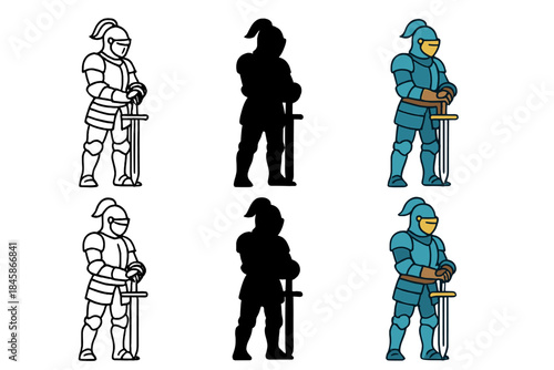 Knight Armor Silhouettes. Knight silhouette in full armor holding sword at rest, emblem of duty and respect, first in line style