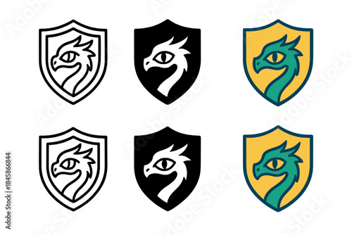 Dragon Eye Shield Symbol. Dragon eye embedded in center of shield as symbol of eternal guard, minimal bold structure, first in
