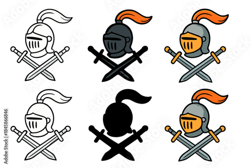 Symmetrical Battle Helmet Display. Battle helmet resting on crossed swords, plume bending softly with motion, bold symmetry, first