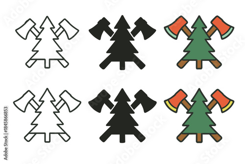 Lumberjack Emblem Designs. Crossed axes behind pine silhouette symbolizing lumberjack emblem, strong symmetry, first in line style