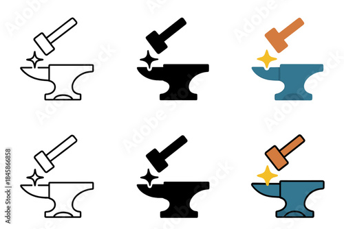 Hammer Sparks Design. Stylized hammer silhouette producing star-shaped spark above anvil, clean minimal design, first in line