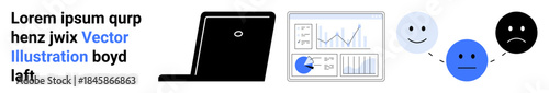 Laptop beside a data chart dashboard showing graphs and pie chart, three emotive feedback faces. Ideal for business analytics, user feedback, emotions, tech, reports, marketing, simple landing page