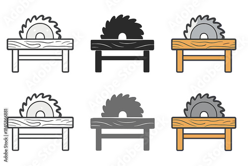 Colorful Saw Blade Display. Saw blade partially embedded in plank atop sturdy workbench, slight wood texture pattern, first in