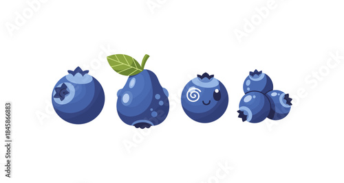 Cute cartoon blueberries with different expressions and one with a leaf
