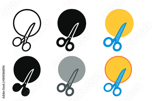 Artistic Paper Cutting. Paper circle being cut by small scissors tip, clean artistic representation, first in line style with thin