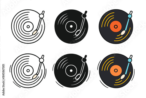 Vinyl Groove Evolution. Spinning vinyl disc with concentric groove patterns, first in line style with thin outline, second in