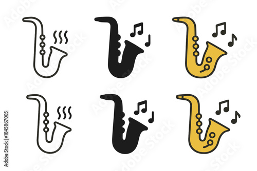 Stylized Saxophone Icons. Saxophone icon with golden body and musical vibrations, first in line style with thin outline, second in