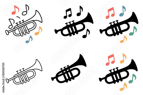 Jazz Trumpet Vibrance. Jazz trumpet silhouette with bright colored notes floating around, first in line style with thin outline,