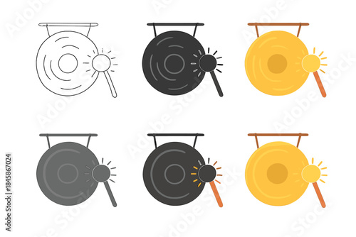 Vibrant Gong Styles. Large gong with glowing mallet and harmonic vibration patterns, first in line style with thin outline, second