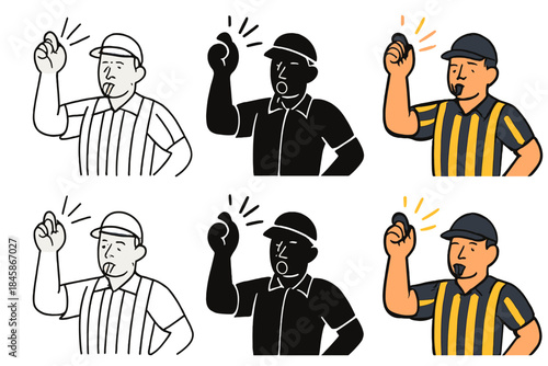 Referee Whistle Variations. Sports referee holding whistle up with action lines, first in line style with thin outline, second in