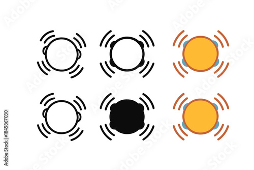 Vibrant Tambourine Icons. Tambourine icon with jingles vibrating and sound arcs, first in line style with thin outline, second in