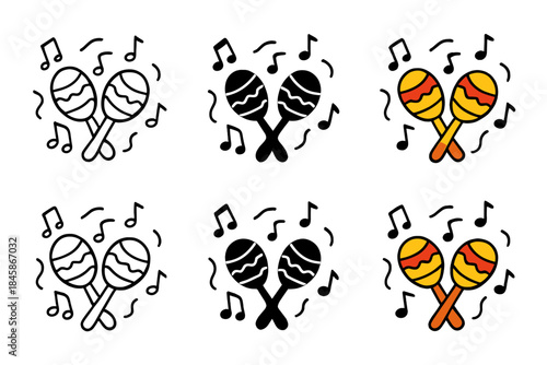 Colorful Maracas Musical Icons. Party maracas icon with musical notes swirling around, first in line style with thin outline,